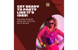 A graphic with a woman posing in 80's clothes. It says Get ready to party like it's 1989!