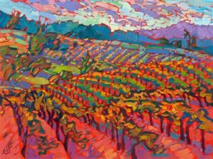 An impressionist painting of vineyard hills.