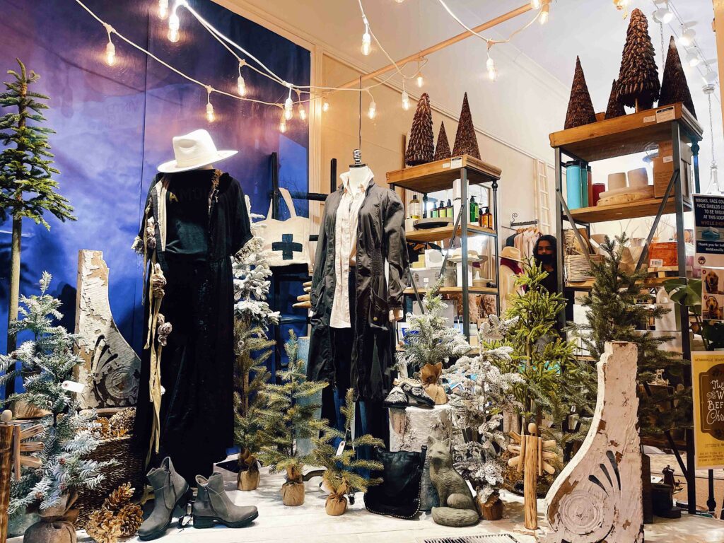 A window display includes cute outfits, evergreen trees of several different sizes, a wall painted to look like the northern lights, And display shelves in the background.