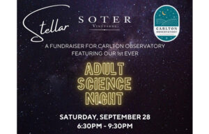 A graphic with a universe background. It says Adult Science Night.