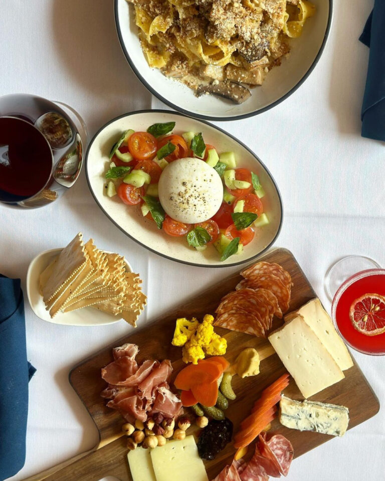 Antipasti board, burrata and Mushroom pappardelle with wild chanterelles and porcinis