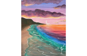 A painting of a beach with rainbow water. A waning crescent moon is in the purple sky.