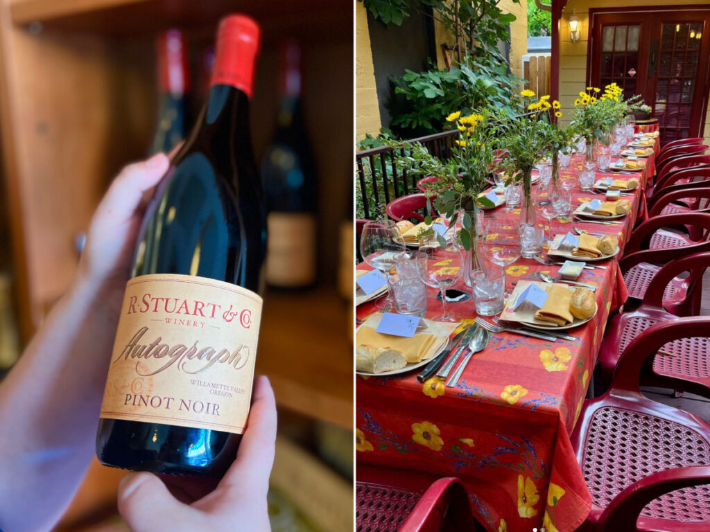 A diptych with one image of a bottle of R. Stuart's Autograph Pinot Noir and the other of a large table set with plates, glasses, flowers and baguettes.