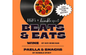 An orange graphic with a vinyl record on it. It says HiFi x Humble Spirit Beats & Eats.