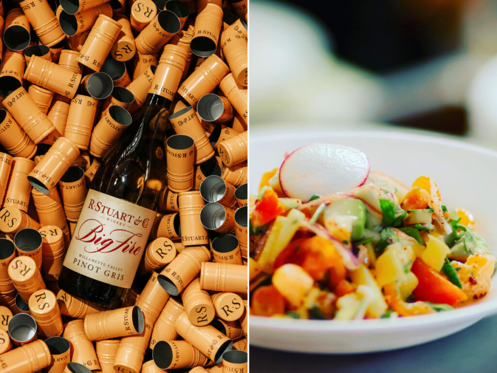 A diptych with one image of a bottle of R. Stuart's Big Fire Pinot Gris and the other of Pura Vida's salmon ceviche.