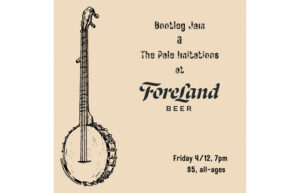 A beige graphic with a banjo on it. It says Bootleg Jam & The Pale Imitations at ForeLand Beer.