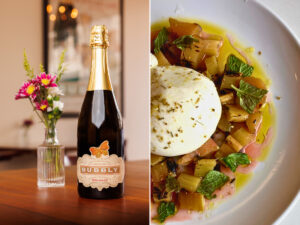 A diptych with one image of a bottle of R. Stuart's Bubbly and the other of Pizza Capo's burrata served over a rhubarb sauce.