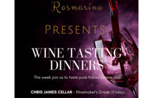 A purple graphic with red wine being poured into a glass. It says Rosmarino Presents Wine Tasting Dinners
