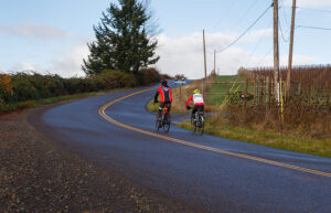 A group of cyclist pedal around the bend of a road on a wintry, but clear day.