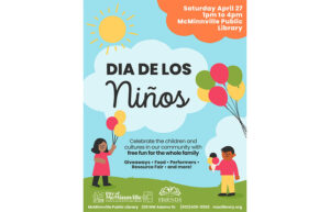 A graphic with kids holding balloons. It says Dia de Los Ninos.