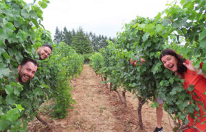 Three people pop their heads out from grapevines and smile.