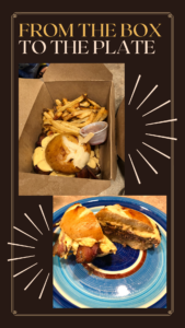 A hamburger and fries in a to-go box, and a hamburger on a plate. Text reads from the box to the plate.