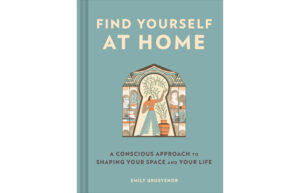 A blue book cover with a graphic of a person standing in a keyhole with a plant next to them. It is titled Find Yourself at Home.