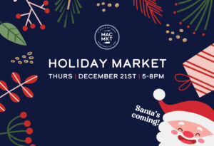 A blue graphic that says holiday market.