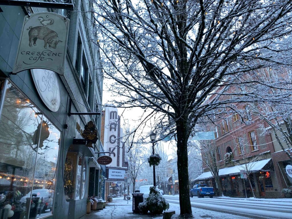 An early morning photo of a downtown street with the road, buildings and street trees dusted with snow.