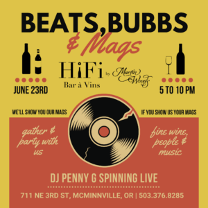 A graphic with a record and bottles of wine. It says beats, bubbs & mags.