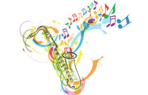 A colorful graphic of a saxophone and music notes