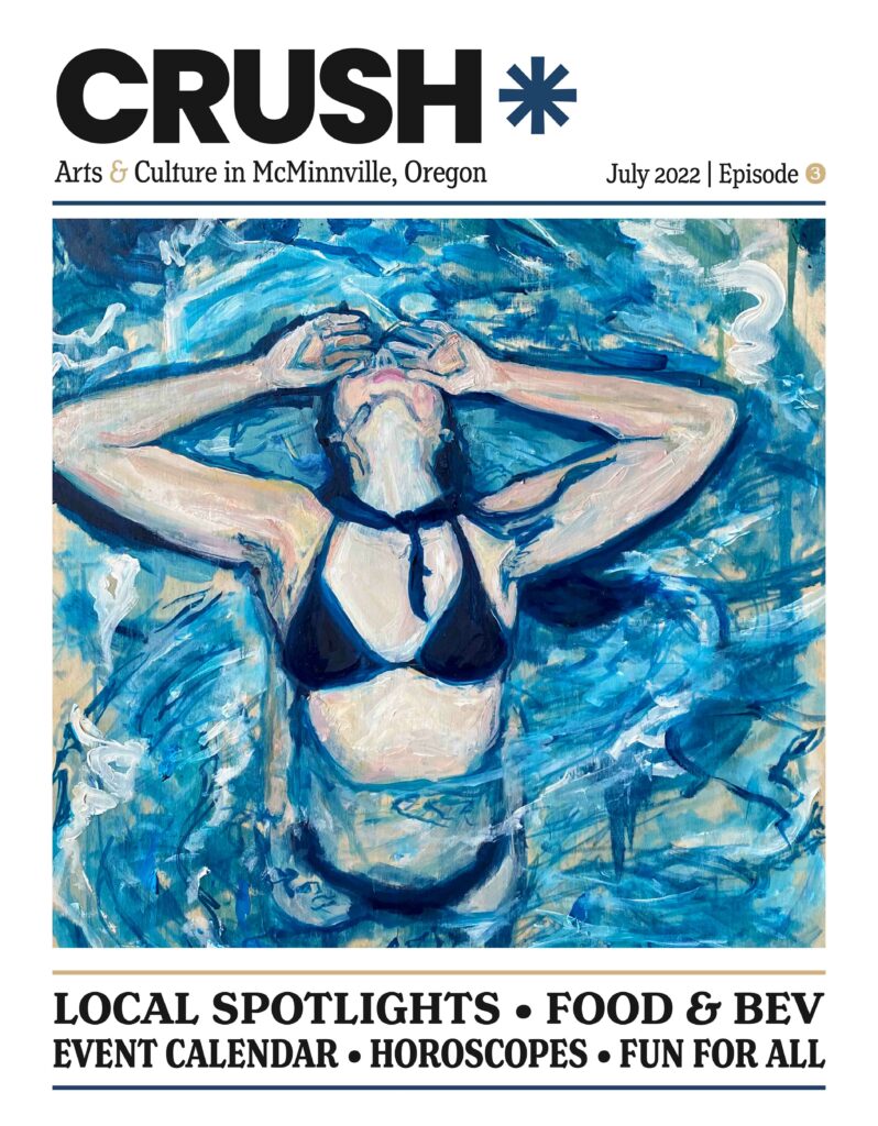 July's cover of CRUSH has a painting of a woman ducking her head back in a pool.