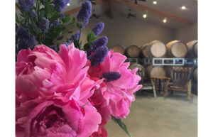 Pink peonies and purple flowers. Wine barrels are in the background.