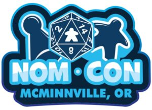 The logo for Nom Con, It has game pieces incorporated.