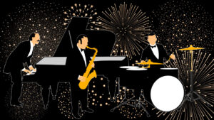 A graphic with people in tuxes playing instruments. New year's eve fireworks are in the background.