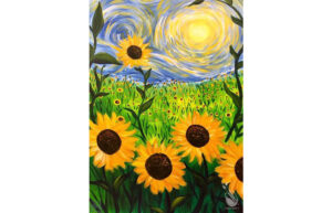 A painting of a field of sunflowers. The sun shines in the sky.