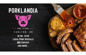 A plate of food has barbecued ribs, roasted garlic and a basting brush with sauce. It has text overlay that says Porklandia.
