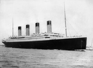 A black and white photo of the Titanic