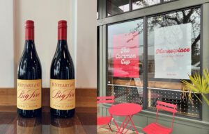 Two bottles of R. Stuart wines. And an image of a red bistro table outside of a storefront.