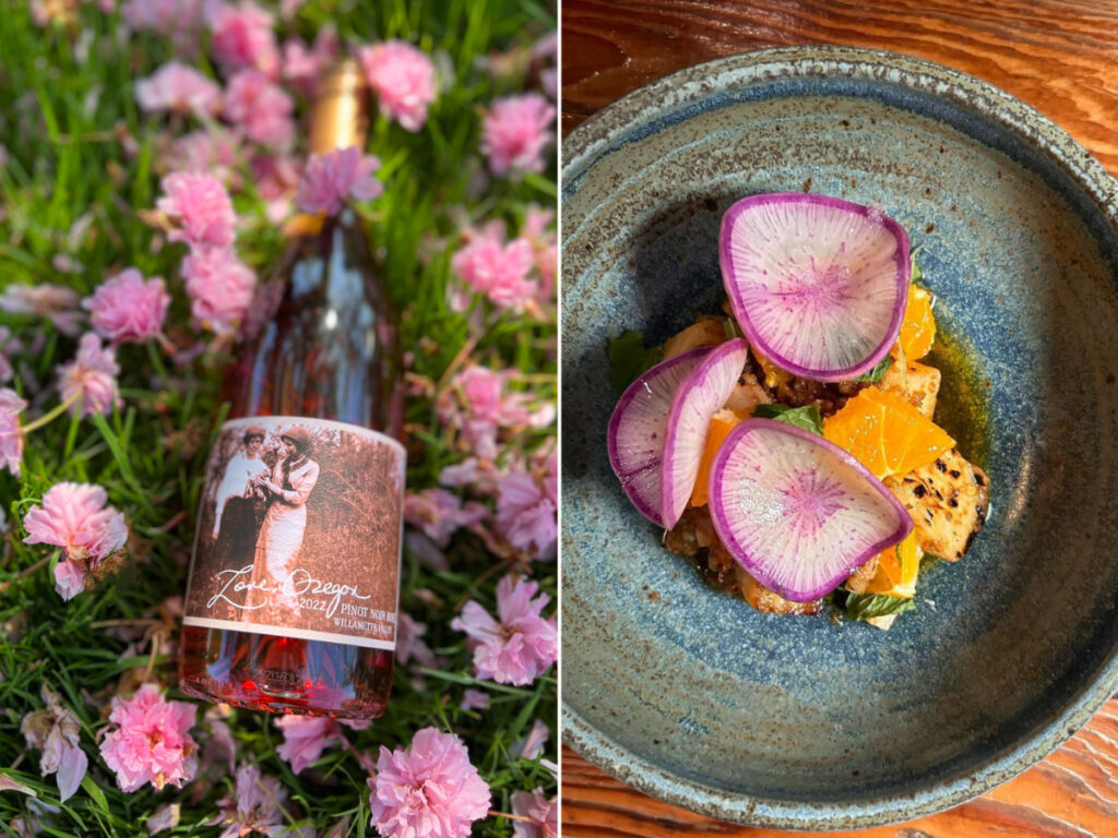 A diptych with one image of a bottle of R. Stuart's Love Oregon Pinot Noir Rosé and the other of a Hayward dish that has purple radishes and orange segments served over fish.