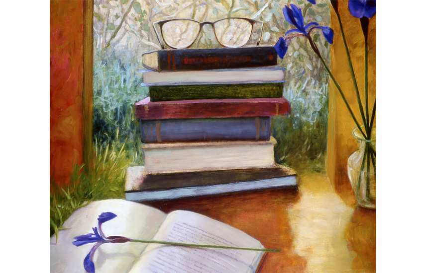 An illustration of a stack of books with a pair of reading glasses on top of it.  A book with a purple lily on top lies open in front of it.