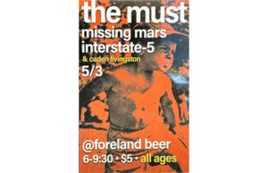 A concert poster that has a young boy with a scowl. It says the must, missing mars, interstate-5 & Caden Livingston.
