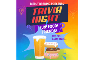 A graphic with a pint of beer and three donuts. It says Bierly Brewing Presents Trivia Night