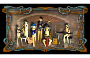 A graphic of wooden people playing instruments.