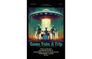 A poster with three aliens playing rock music underneath a ufo.