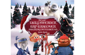 A claymation graphic with Jack Frost, Rudolph, a boy and a lumberjack and the abominable snowman.