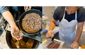 Two photos, one of cacao beans in a skillet, and another of a man pouring chocolate into molds.