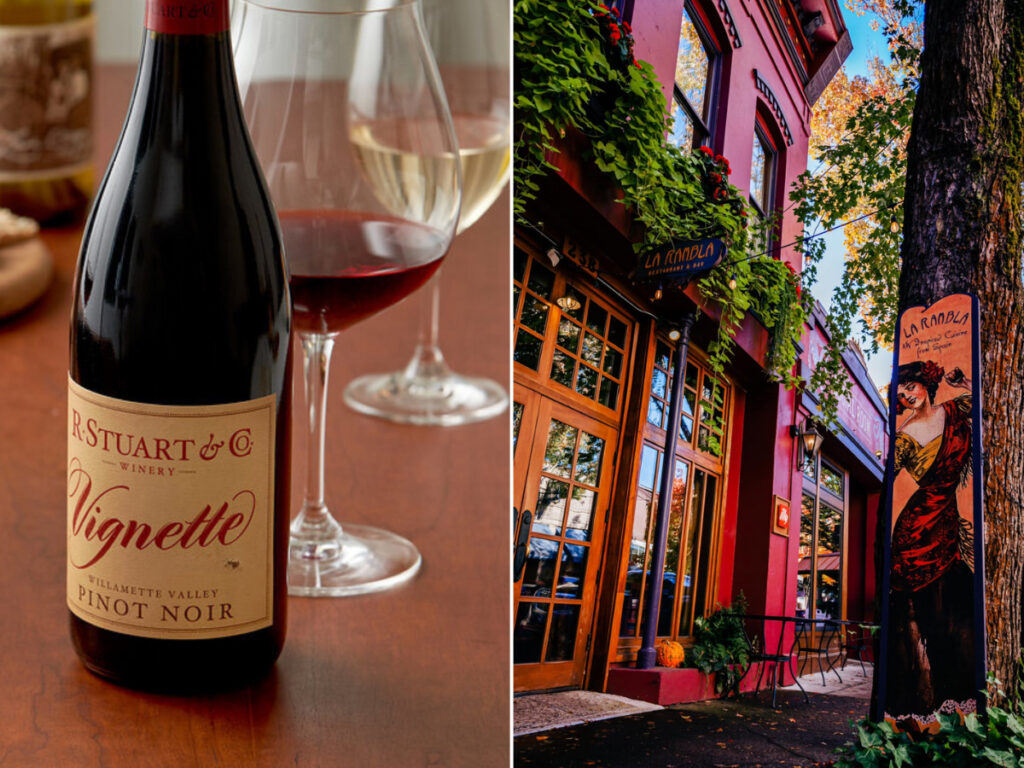 A diptych with one image of a bottle of R. Stuart's Vignette Pinot Noir and the other of the exterior of La Rambla, which has large wood and glass doors and red stucco exterior.
