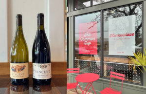 Two bottles of Vincent wines. And an image of a red bistro table outside of a storefront.