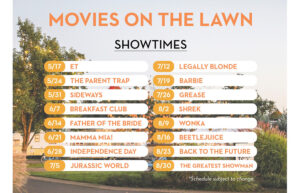 A graphic that says Movies on the Lawn and then it lists the dates and movies that are included in this event description.