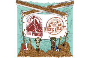 A graphic with the band logos for Tito Padrino and Rustic Valley. There are piles of walnuts with guitars stuck in them and little cartoon characters.