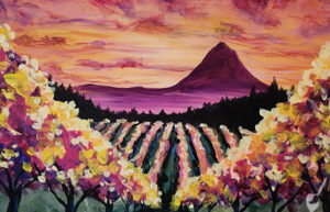 A painting of a vineyard with a purple mountain and an orange sky in the background.