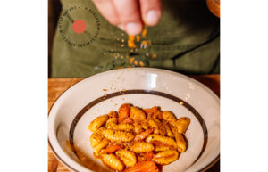 A person sprinkles seasonings onto a pasta dish.