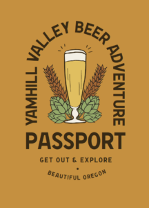 A graphic with gold background, a pint of beer, hops and wheat. It says Yamhill Valley Beer Adventure.