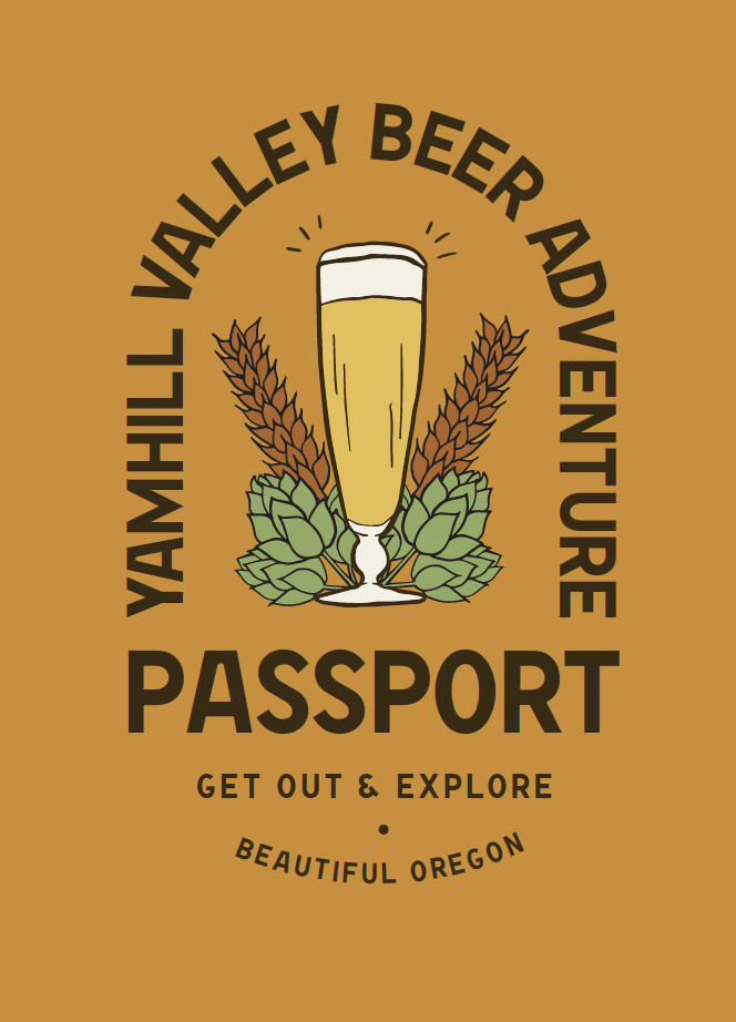 A graphic with gold background, a pint of beer, hops and wheat.  It says Yamhill Valley Beer Adventure.