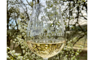 A glass of white wine with a logo of Yamhill Valley Vineyards