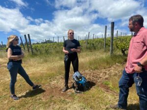 Three people stand in a vineyard. They have empty wine glasses in their hands and one of them has an insulated bag with a bottle of wine inside.