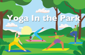 An illustration of people doing yoga in the park.