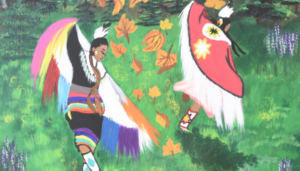 Painting of two native woman dancing in fall leaves